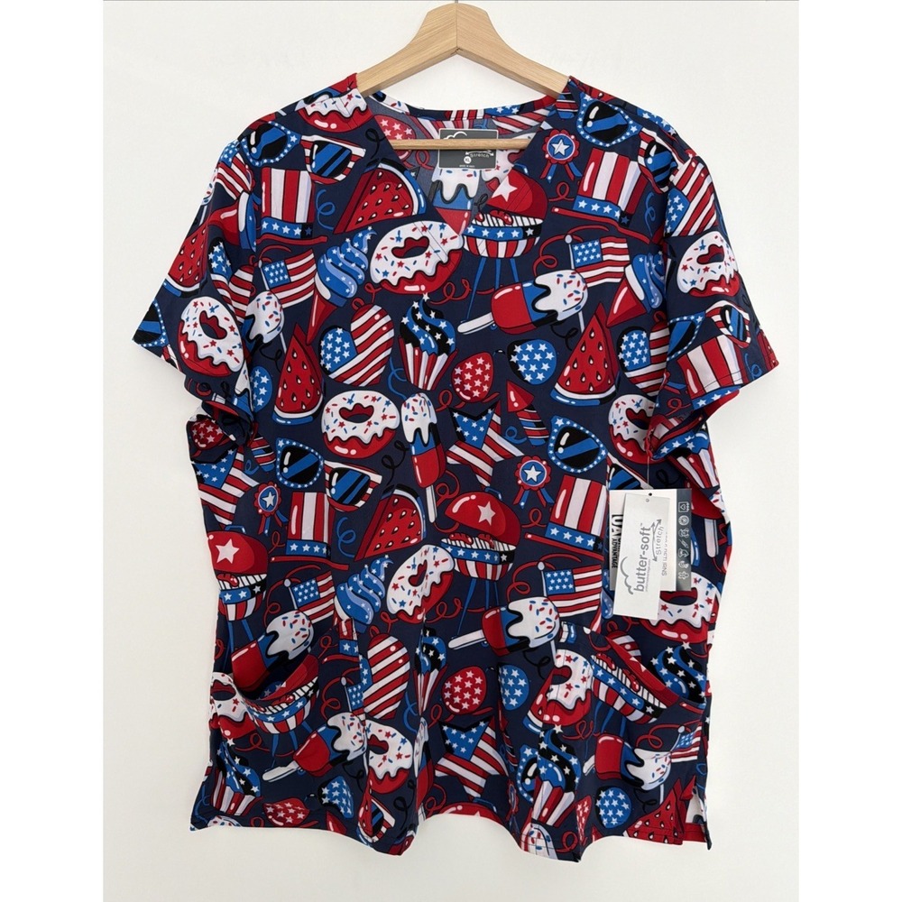 Butter-Soft by UA Scrub Top XL Pockets Patriotic Treats Polyester Stretch NWT